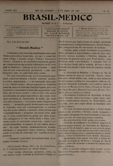 [Periódico] O Brazil-Medico : revista semanal de medicina e cirurgia, v. 41, P2, abr-jun, 1927