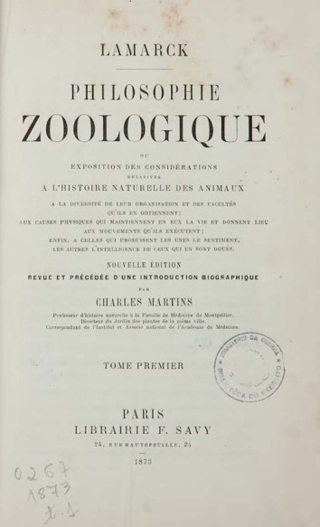 Philosophie Zoologique, ou, Exposition des considérations relatives à l'histoire naturelle des Anim. t.1,  1873