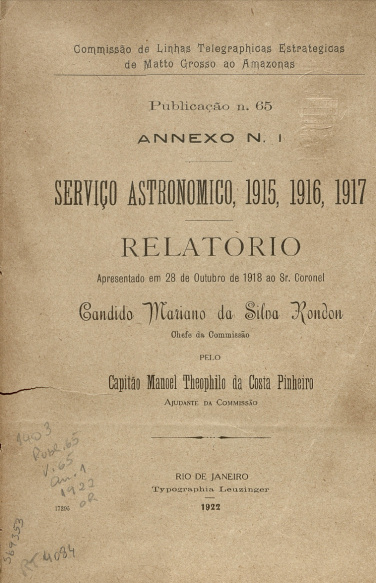 Serviço Astronomico, 1915, 1916, 1917 . Publ. 65 V. 65 1922