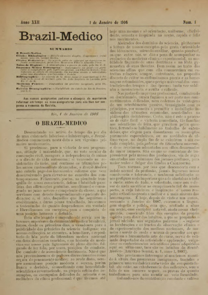 [Periódico] O Brazil-Medico : revista semanal de medicina e cirurgia, v. 22, P1, jan-jun, 1908