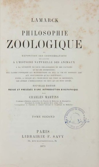 Philosophie Zoologique, ou, Exposition des considérations relatives à l'histoire naturelle des Anima