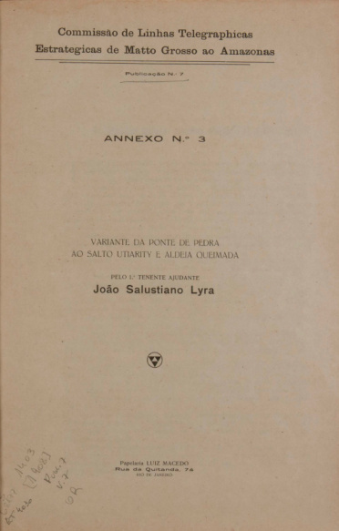 Variante da Ponte de Pedra ao Salto Utiarity e Aldeia Queimada. V.7 Publ.7 [1908]