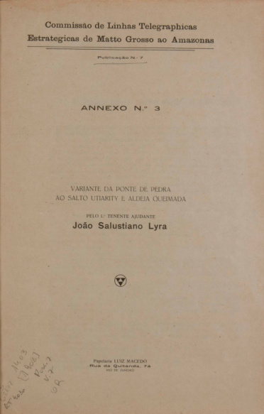 Variante da Ponte de Pedra ao Salto Utiarity e Aldeia Queimada. V.7 Publ.7 [1908]