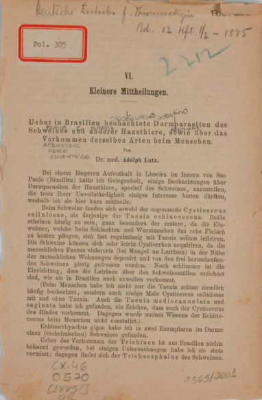 Ueber in Brasilien beobachtete Darmparasiten des Schweines und anderer Haustiere, sowie über das Vorkommen derselben Arten beim Menschen.[ 1885?]