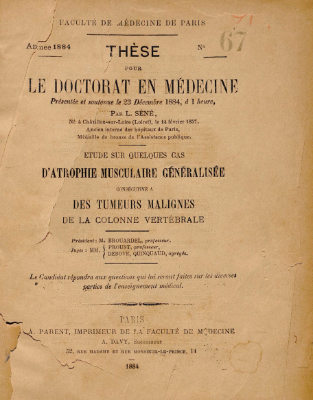 Étude sur quelques cas d'atrophie musculaire généralisée consécutive a des tumeurs malignes de la colonne vertébrale.1884