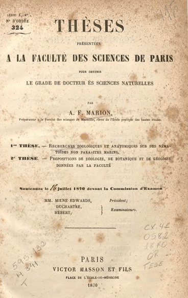 Recherches zoologiques et anatomiques sur des nématoïdes non parasites marins. 1870