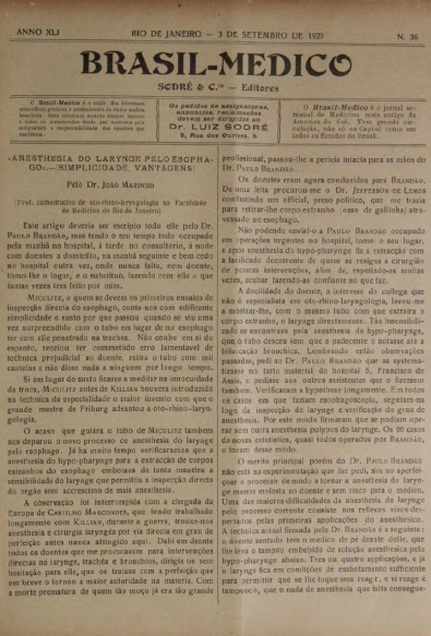 [Periódico] O Brazil-Medico : revista semanal de medicina e cirurgia, v. 41, P4, set-out, 1927