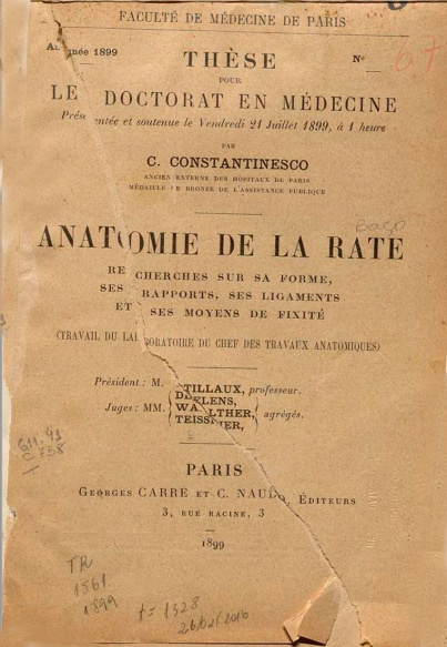 Anatomie de la rate : recherches sur sa forme, ses rapports, ses ligaments et ses moyens de fixité. 1899