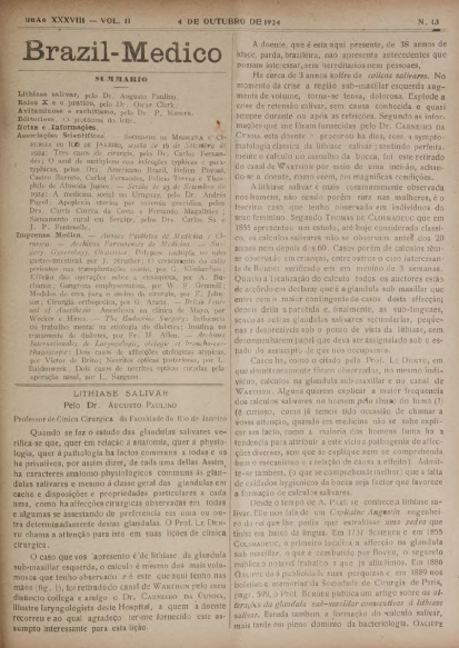 [Periódico] O Brazil-Medico : revista semanal de medicina e cirurgia, v. 38, P4, out-dez, 1924